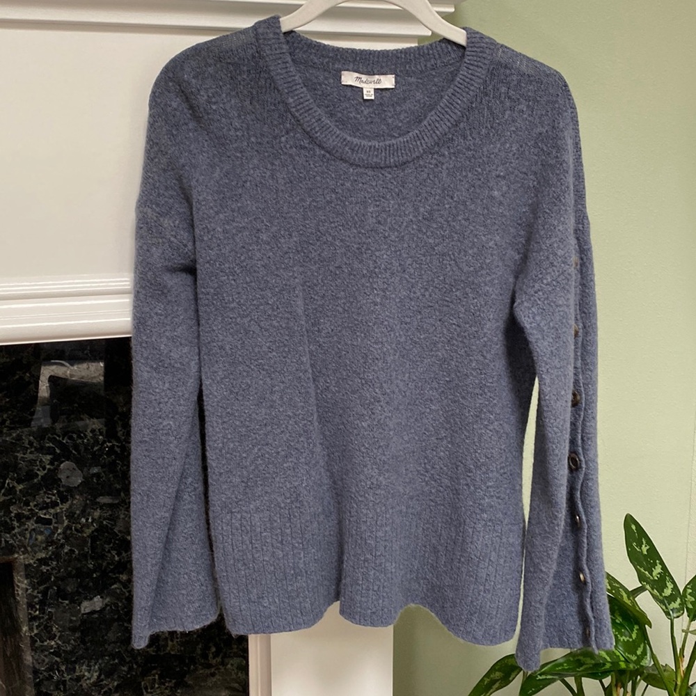 Madewell Merino Wool Blend Blue-Gray Crewneck Bell Sleeve Button Sweater Sz XS